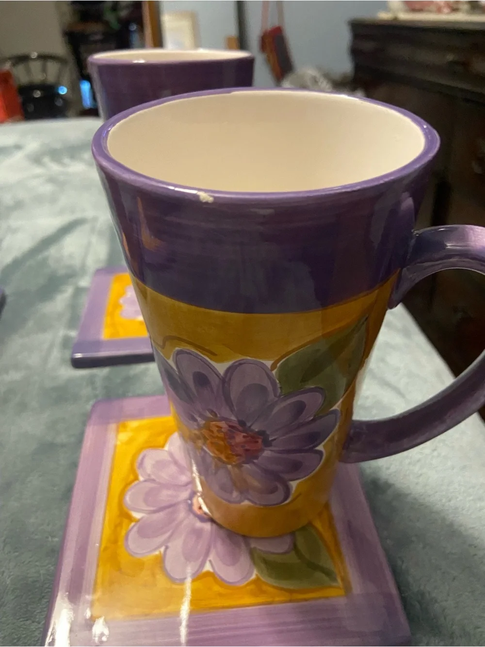 Classified Purple and Yellow Floral Ceramic Mug and Coaster Set - 4pc